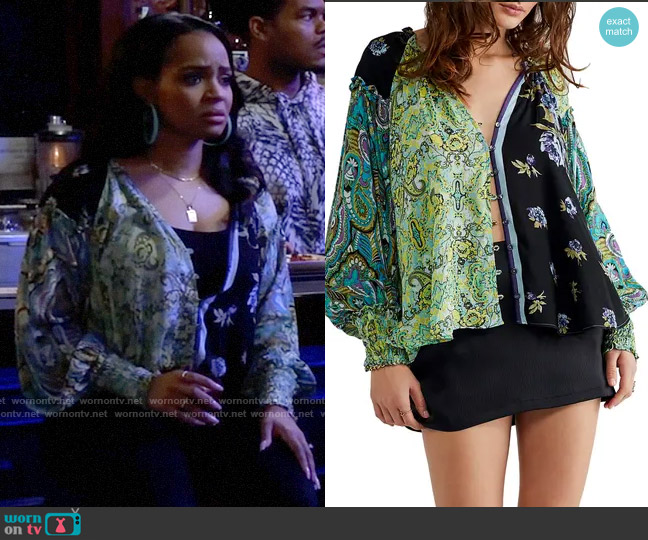 Free People Gemini Patchwork Print Button-Up Blouse worn by Randi (Kyla Pratt) on Call Me Kat