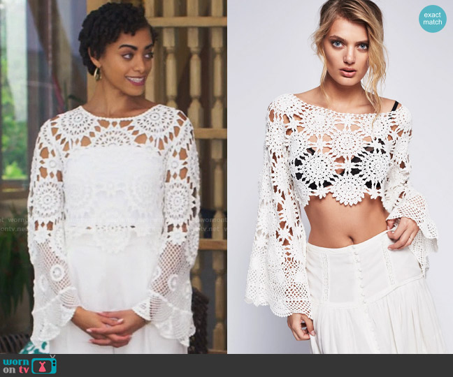 Free People Sunchaser Crochet Top worn by Ruby Akuda (Kiara Barnes) on Fantasy Island