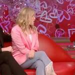 Jenny Mollen’s pink satin blazer and metallic fringe jeans on Live with Kelly