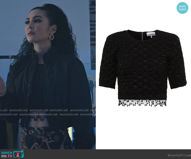 Ganni Beaded smocked satin top worn by Sophie (Niccy Lin) on You
