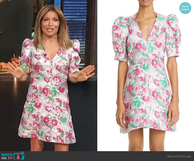 Ganni Puff Sleeve Floral Jacquard Dress worn by Kit Hoover on Access Hollywood