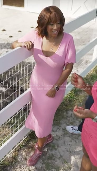 Gayle King’s pink scalloped trim dress and glitter sneakers on CBS Mornings