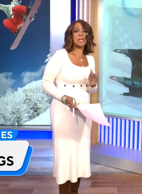 Gayle King’s white square neck knit dress on CBS Mornings