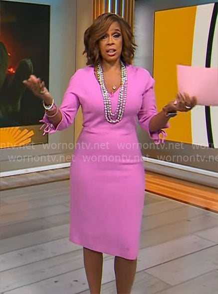 Gayle King’s pink v-neck tie sleeve dress on CBS Mornings