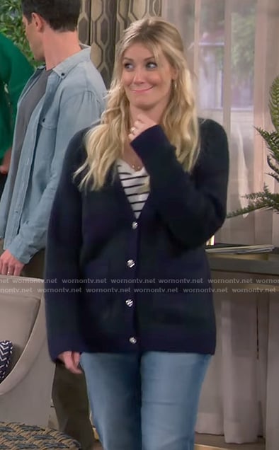 Gemma’s navy plaid cardigan with jewel buttons on The Neighborhood