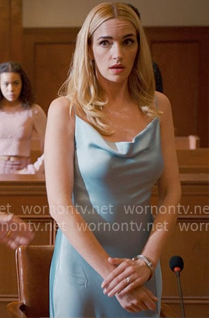 Georgia’s blue satin cowl neck dress on Ginny & Georgia