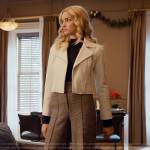 Georgia’s white leather jacket, plaid wide leg pants and star moon earrings on Ginny & Georgia
