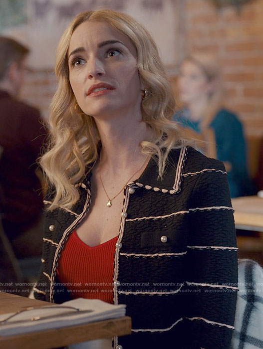 Georgia’s black striped jacket with pearl buttons on Ginny & Georgia