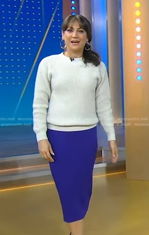 Ginger’s waffle sweater and purple knit skirt on Good Morning America