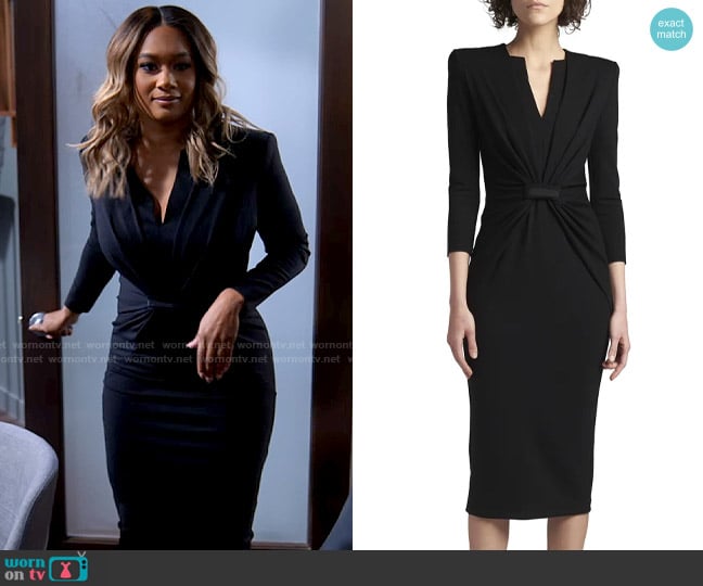 Giorgio Armani Draped Milano Stitch Midi Dress worn by Fatima (Crystal Hayslett) on Tyler Perrys Sistas