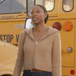 Grace’s beige zip front hooded cardigan on All American
