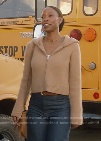 Grace’s beige zip front hooded cardigan on All American