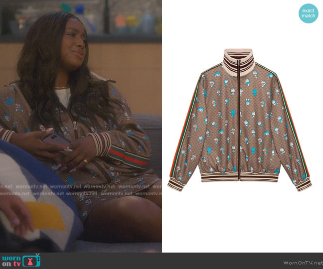 Gucci Doraemon Fujiko-Pro GG zip-up jacket worn by Annika (Justine Skye) on Grown-ish