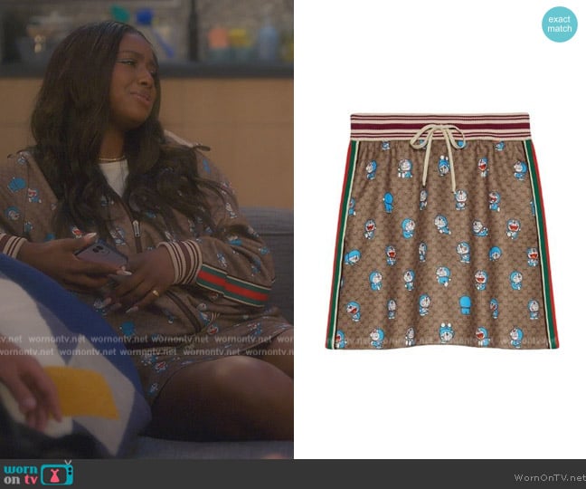 Gucci x Doraemon Fujiko-Pro technical jersey skirt worn by Annika (Justine Skye) on Grown-ish