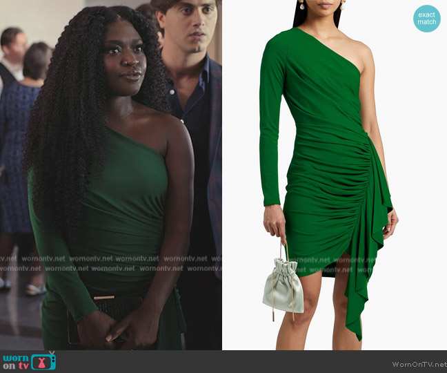 Halston Lori one-shoulder asymmetric ruched stretch-jersey mini dress worn by Tasha Rivers (Zuri Reed) on National Treasure: Edge of History