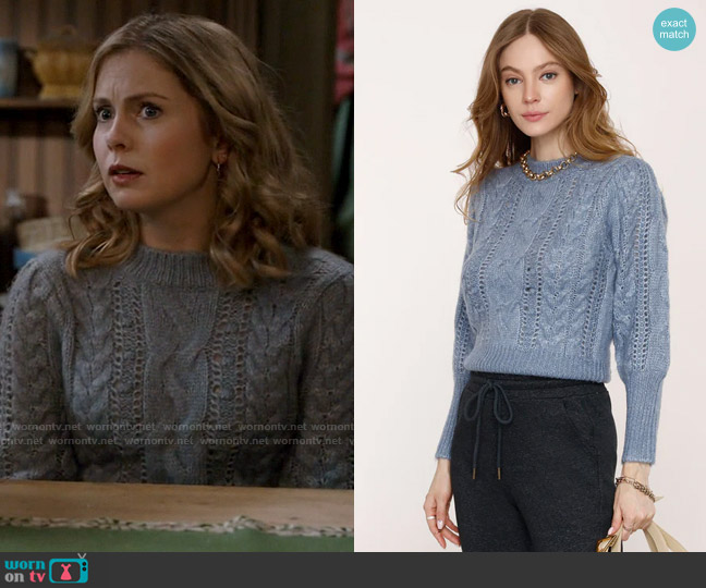 Heartloom Claire Sweater in Lake worn by Sam (Rose McIver) on Ghosts