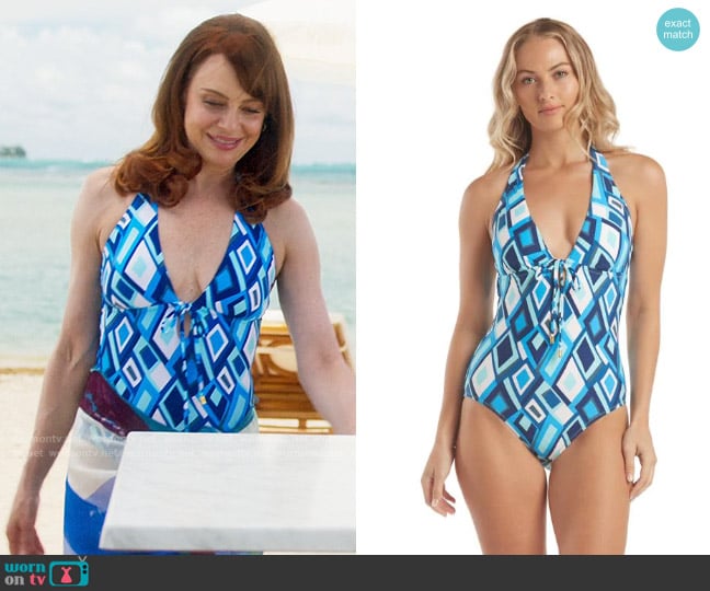 Helen Jon Tie key hole one-piece in Paros worn by Amber Graham (Melinda Clarke) on Fantasy Island