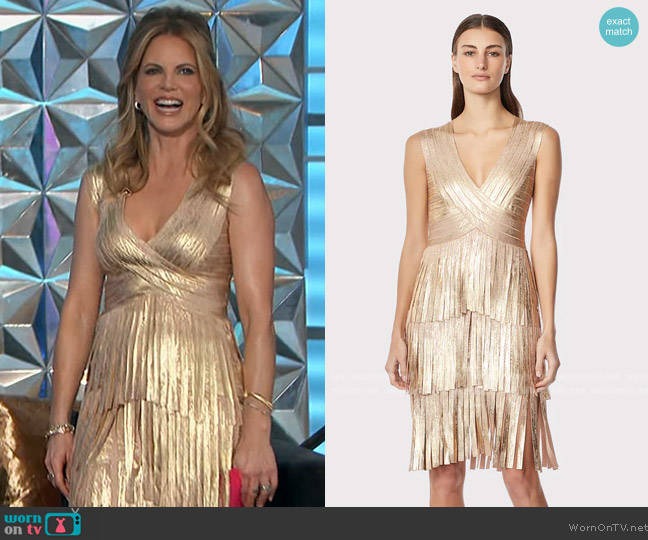 Herve Leger V-Neck Foil Fringed Midi Dress worn by Natalie Morales on The Talk