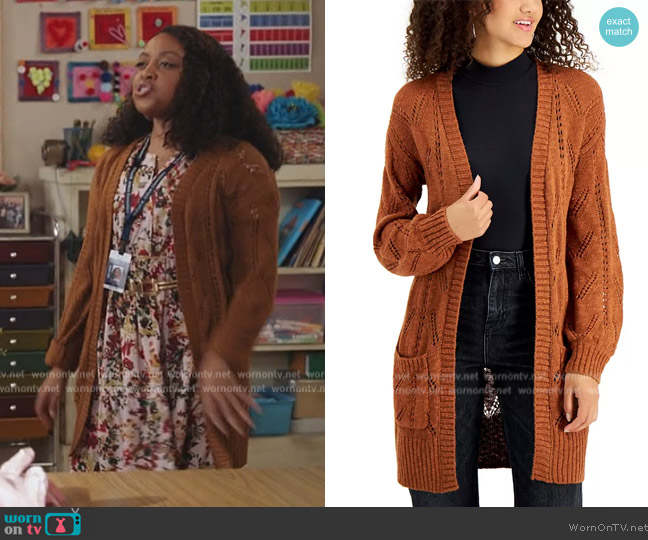 Hippie Rose Juniors' Pointelle Open-Front Cardigan worn by Janine Teagues (Quinta Brunson) on Abbott Elementary