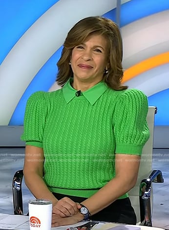 Hoda’s green cable knit puff sleeve sweater on Today