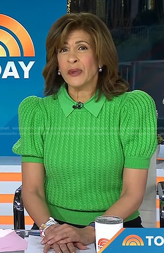 Hoda’s green cable knit puff sleeve sweater on Today
