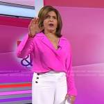 Hoda’s pink shirt and white button detail pants on Today