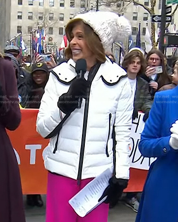 Hoda’s white fur-trim puffer jacket on Today