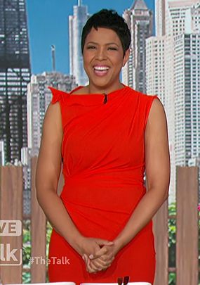 Irika Sargent’s red gathered dress on The Talk