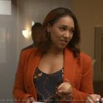 Iris’s chain print top and orange tweed blazer on The Flash