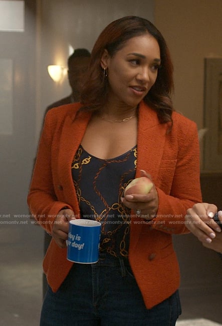 Iris’s chain print top and orange tweed blazer on The Flash