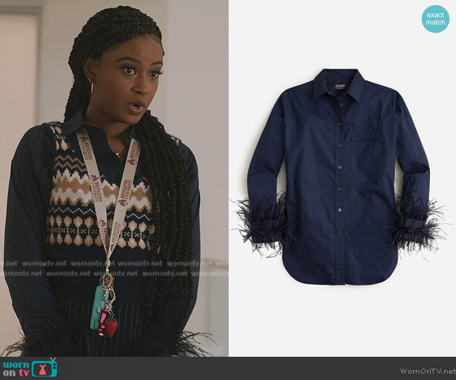 J. Crew Feather-trim cotton poplin button-up shirt with collar worn by (Iyana Halley) on All American Homecoming