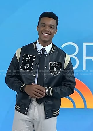 Jabari Banks’s black leather varsity jacket on Today