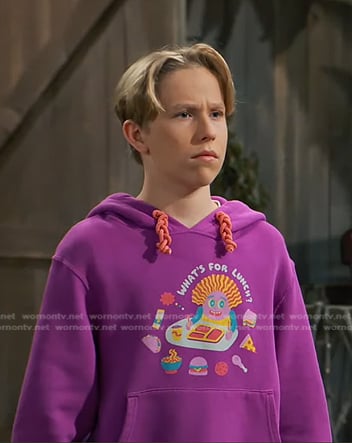 Jake’s purple lunch print hoodie on Bunkd