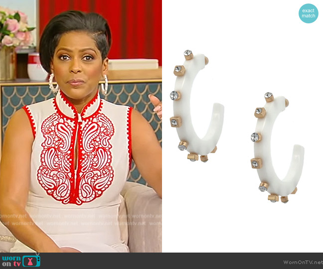 Jennifer Miller White Studded Hoop Earrings worn by Tamron Hall on Tamron Hall Show