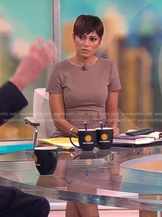 Jericka Duncan’s taupe belted sheath dress on CBS Mornings