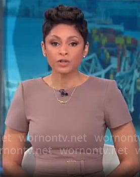 Jericka Duncan’s taupe belted sheath dress on CBS Mornings