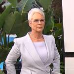 Jamie Lee Curtis’s pale blue asymmetric blazer on E! News