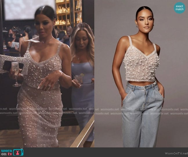 Jlux Pearl Embellished Top worn by Mia Thornton on The Real Housewives of Potomac