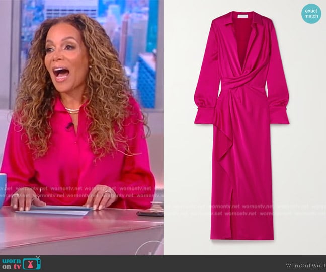 Jonathan Simkhai Talita wrap-effect satin midi dress worn by Sunny Hostin on The View