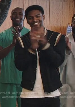JR’s black contrast stripe bomber jacket on All American Homecoming