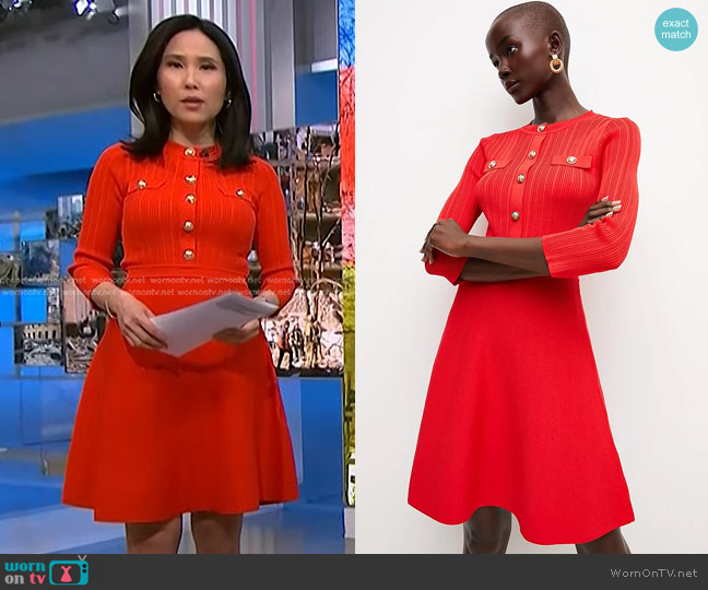 Karen Millen Military Trim Knitted Skater Mini Dress worn by Vicky Nguyen on NBC News Daily