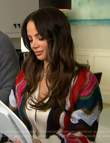 Keleigh Sperry’s crochet knit cardigan on Access Hollywood