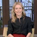 Kelly’s black monogram satin blouse on Live with Kelly and Ryan