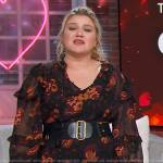 Kelly’s black floral print ruffle blouse and skirt on The Kelly Clarkson Show