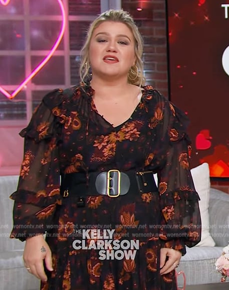 Kelly’s black floral print ruffle blouse and skirt on The Kelly Clarkson Show