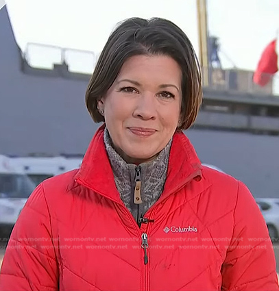 Kelly Cobiella’s red quilted down jacket on Today