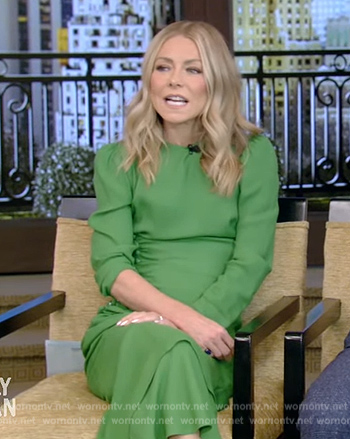 Kelly’s green side button detail dress on Live with Kelly and Ryan
