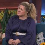 Kelly’s navy satin asymmetric dress on The Kelly Clarkson Show