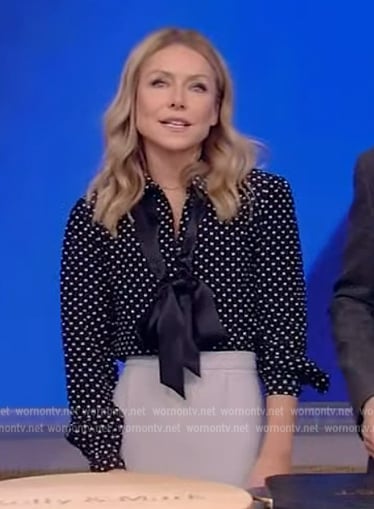 Kelly’s polka dot tie neck blouse on Live with Kelly and Ryan