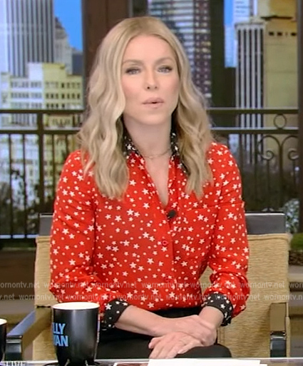 Kelly’s red contrast star print blouse on Live with Kelly and Ryan